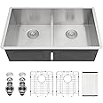Sarlai 33 Undermount Kitchen Sink Double Bowl - 33x19 Kitchen Sink Low Divide Undermount Stainless Steel 16 Gauge Round Corner Double Bowl 50/50 Sinks Basin