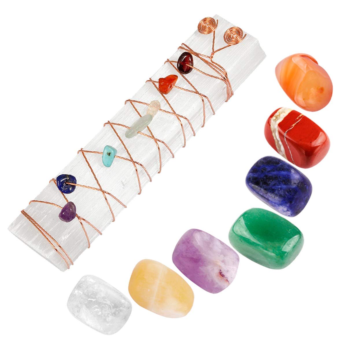 mookaitedecor 7 Chakra Crystals Set for Beginners, Healing Crystal Chakra Gifts for Women Yoga Meditation Reiki Spiritual Gift Wiccan Witchcraft Kit Decor, Tumbled Worry Stones & Selenite Stick Wand