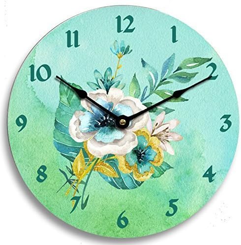 Contemporary flower design 10 inch kitchen wall clock. Green and gold watercolor floral design. Green watercolor background.