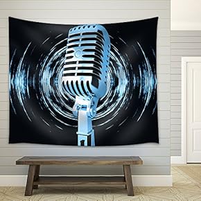 Vintage Microphone on The Abstract Background - Fabric Wall Tapestry Home Decor - 51x60 inches