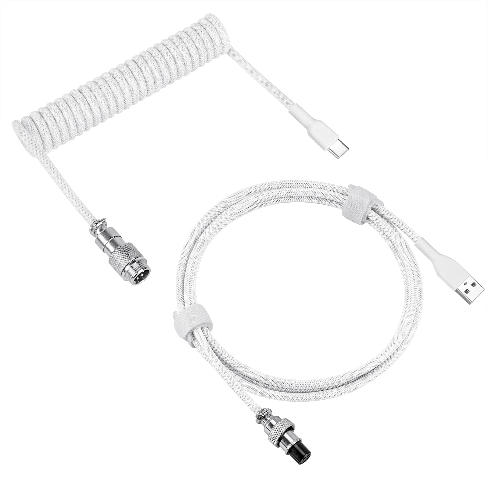 GEEKRIA Coiled USB-C Gaming Keyboard Cable with Aviator Connector, 5-Pin Braided Double-Sleeved Mechanical Keyboard Cord Compatible with Logitech G715 G713, Keychron K8 K7 K6Pro (White 5FT)