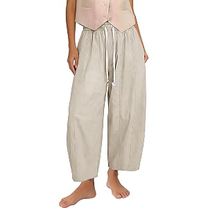 Womens Cotton Linen Barrel Pants High Waisted Wide Leg Baggy Palazzo Pants Soft Drawstring Casual Trousers with Pockets
