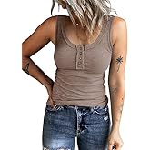 KINLONSAIR Women's Sleeveless Henley Tank Tops Ribbed V Neck Button Down T Shirts Summer Slim Fit Tee Tops