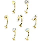 ORAZIO 7 Pcs Belly Button Ring Surgical Steel Hypoallergenic Floating Belly Button Rings for Women Flat Back CZ Opal Internally Threaded Long Bar Navel Piercing Jewelry 14G Gold Silver Tone