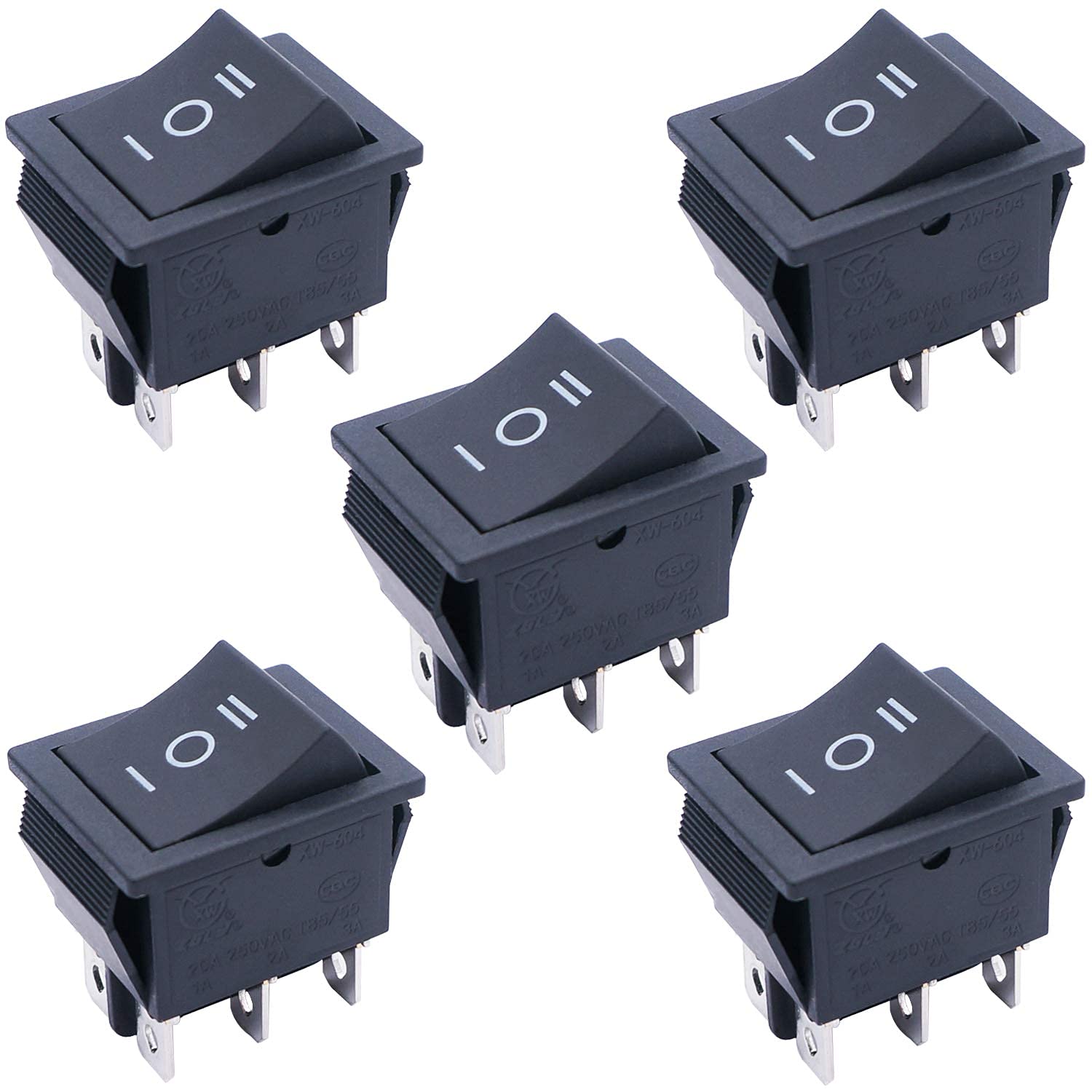 Taiss/5Pcs Black Rocker Toggle Switch ON/OFF/ON DPDT 6 Pin 3 Position KCD4 Snap AC 10A/125V 6A/250V KCD2-203-BK