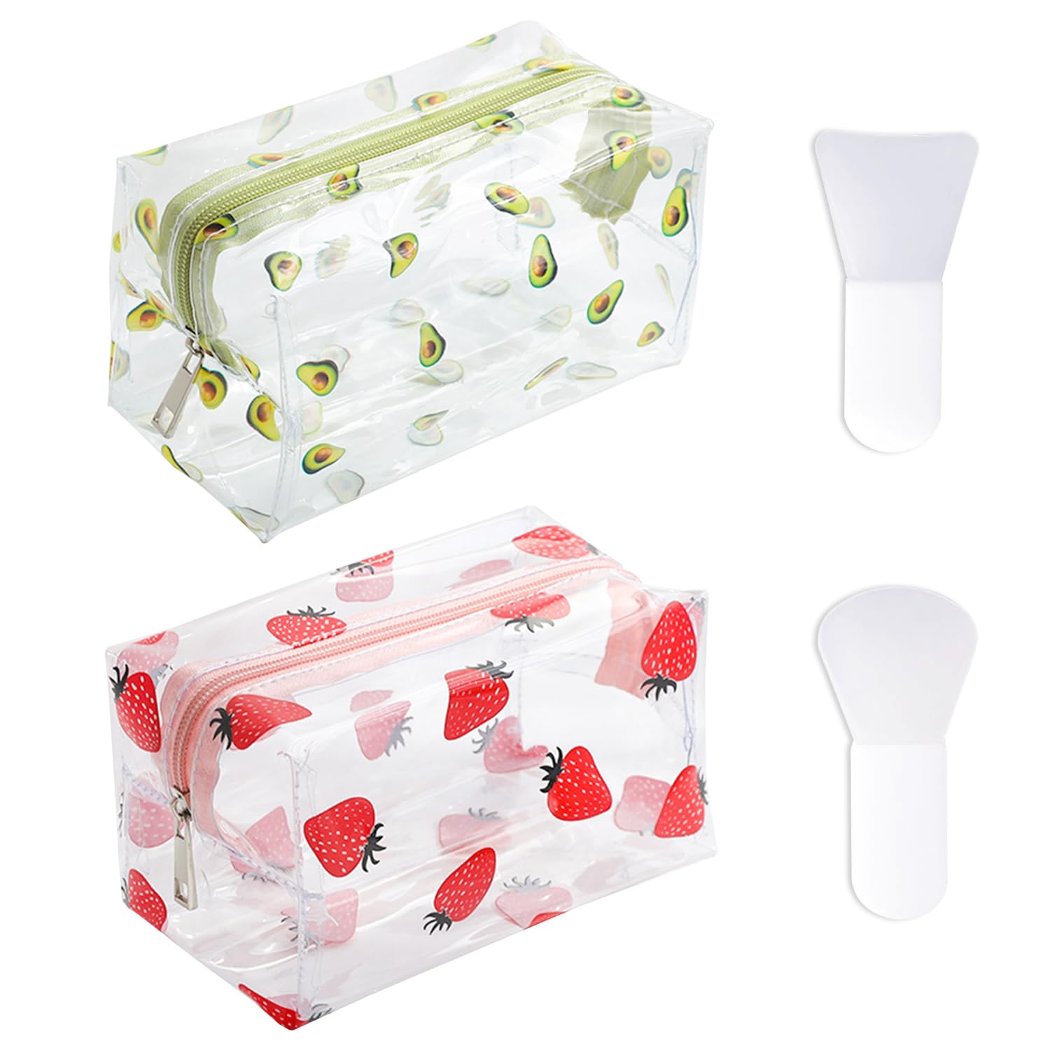 2 Pieces Fruit Print Cosmetic Bag with 2 Pieces Mini Facial Mask Brushes, Portable Transparent Pencil Case, Waterproof Travel Toiletry Bag.