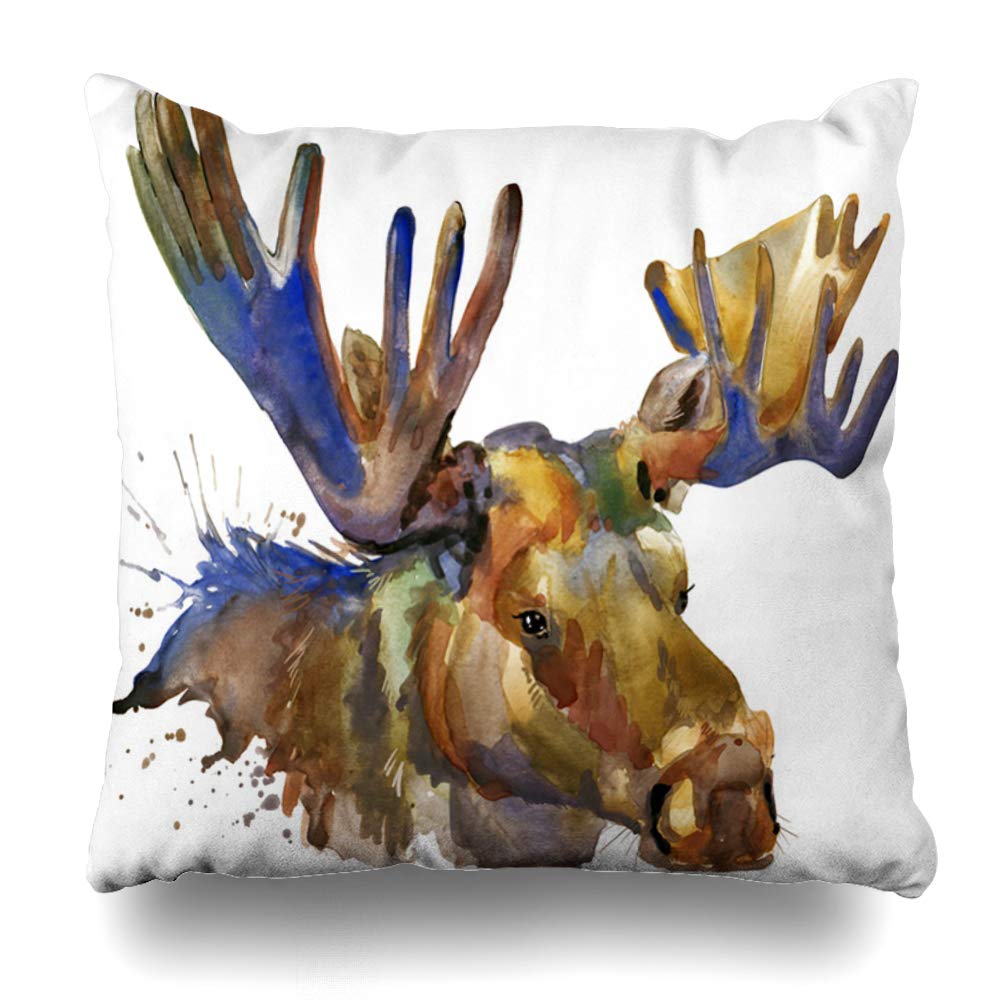 Ahawoso Decorative Throw Pillow Cover Wood Canada Moose Watercolor Deer Nature Drawing Hunting Antlers Design Fur Home Decor Pillowcase Square Size 18" x 18" Cushion Case