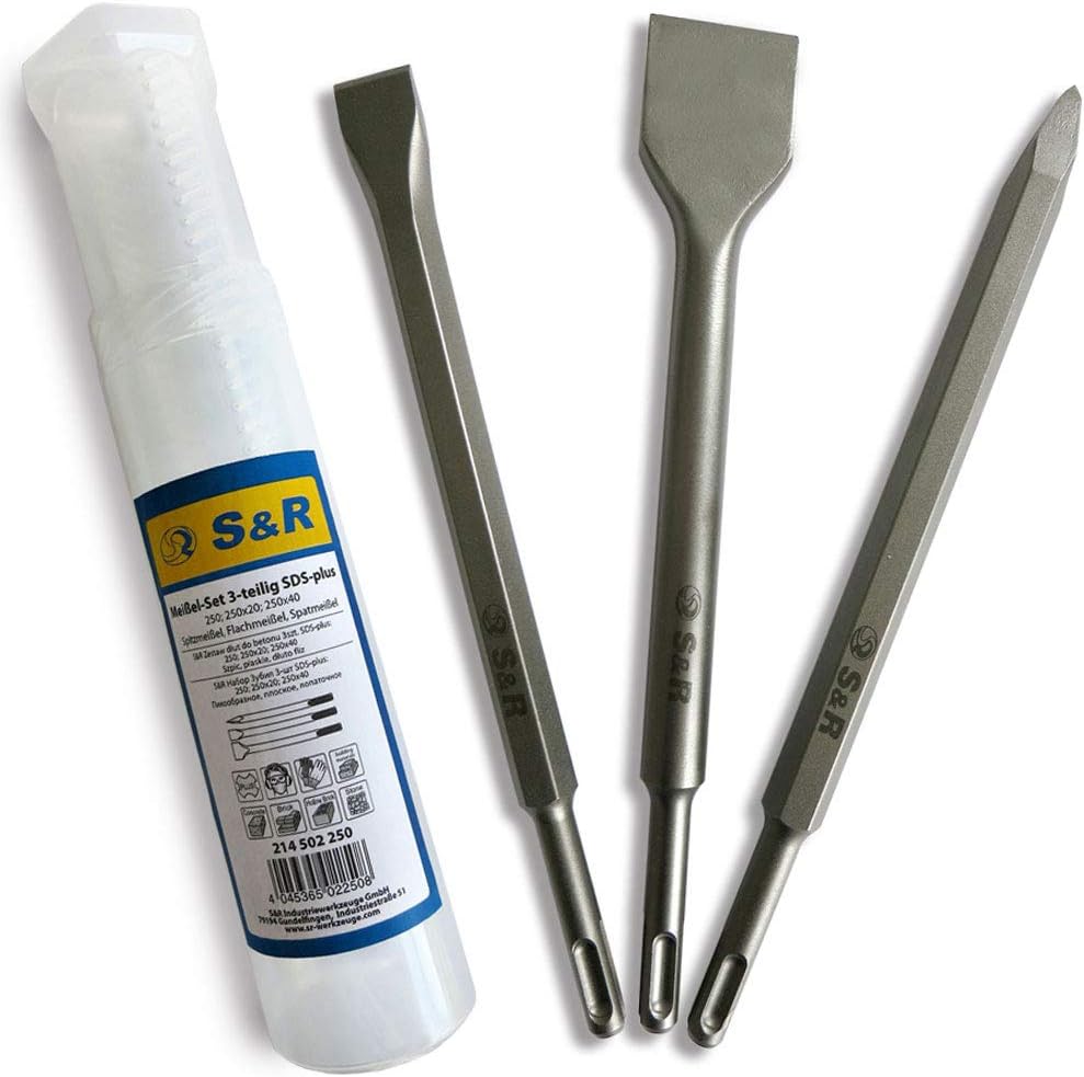 S&R 3-Piece SDS Plus Chisel Set - Spade, Flat, Point Chisel, Flach-, Spitz- und Spatmeißel