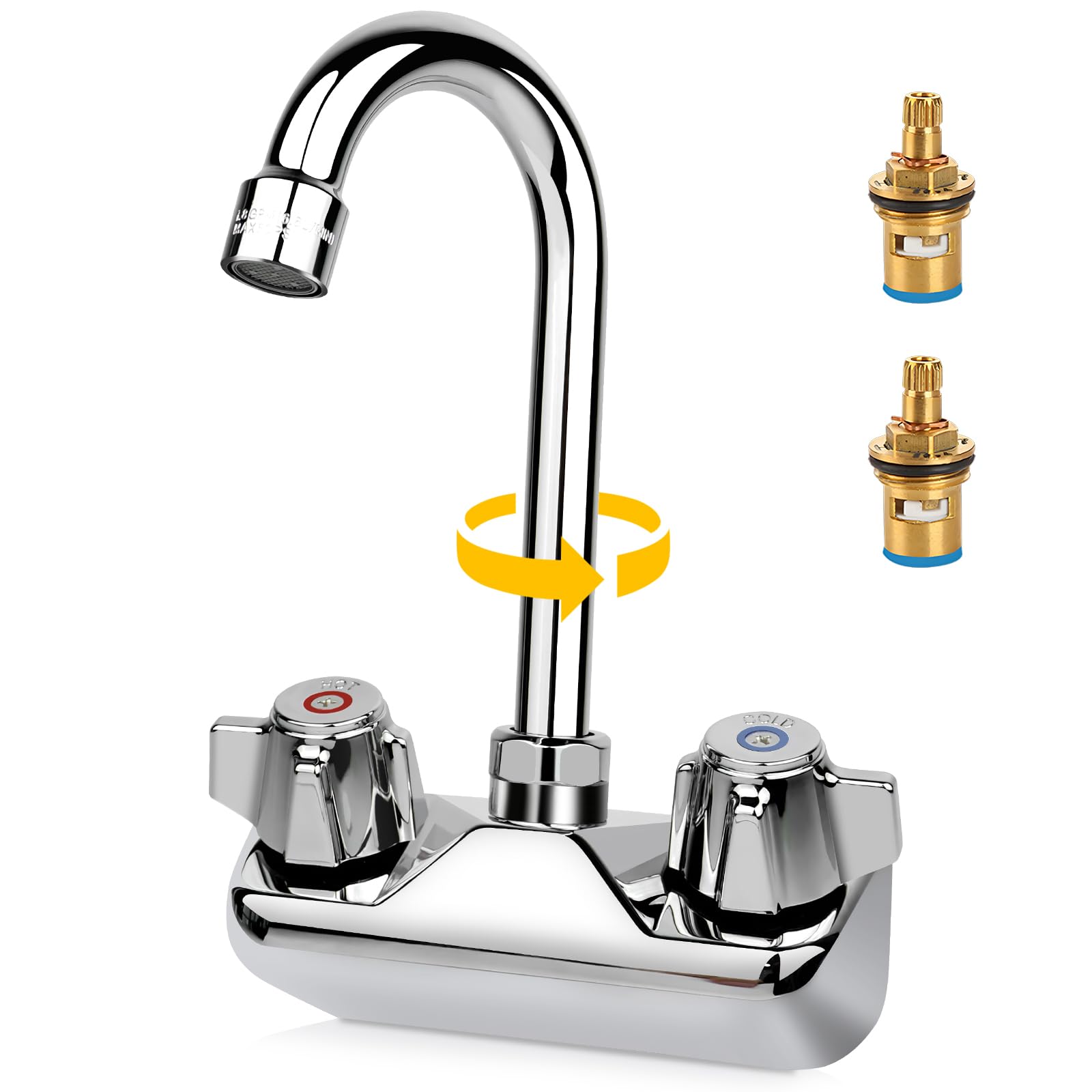 Photo 1 of ZKDAUSDO Leak-Free 4 Inch Center Commercial Hand Sink Faucet with Ceramic Valve, Wall Mount Bar Kitchen Hand Wash Sink Faucet with 3-1/2" Swivel Gooseneck Spout & Dual Knobs, Brass Constructed
