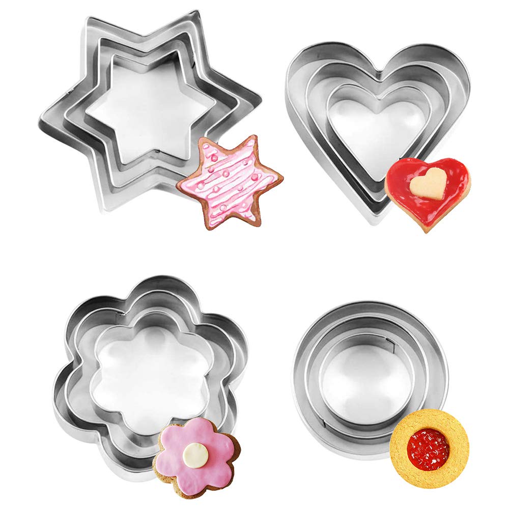 XCOZU 12 Pcs Cookie Cutter Set, Mini Stainless Steel Geometric Cookie Cutters Shapes Heart Star Circle/Round Flower Mould for Baking Decorating
