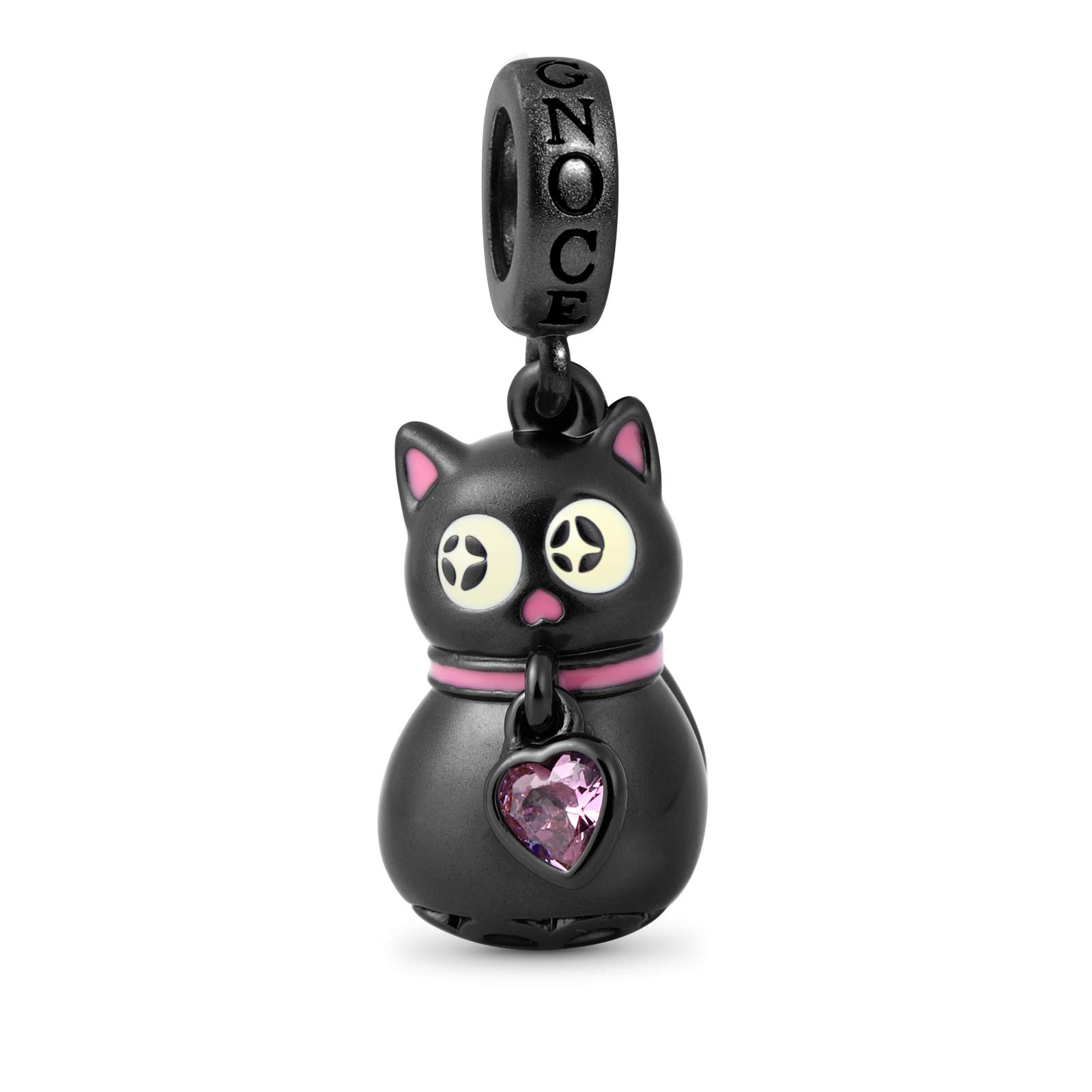 GNOCE Black Cat Charm Pendant Sterling Silver Cat Dangle Charm with Luminous Eyes Fit Bracelet/Necklace For Women Girls Wife Daughter
