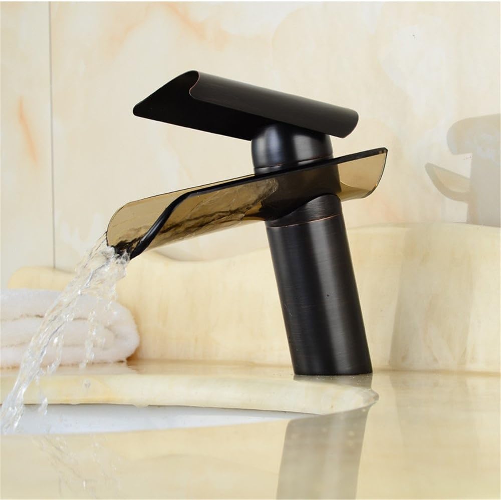 WasserhahnTap Modern black color glass wide mouth waterfall outlet hot and cold water ceramic valve single hole single handle hand bathroom basin faucet short section