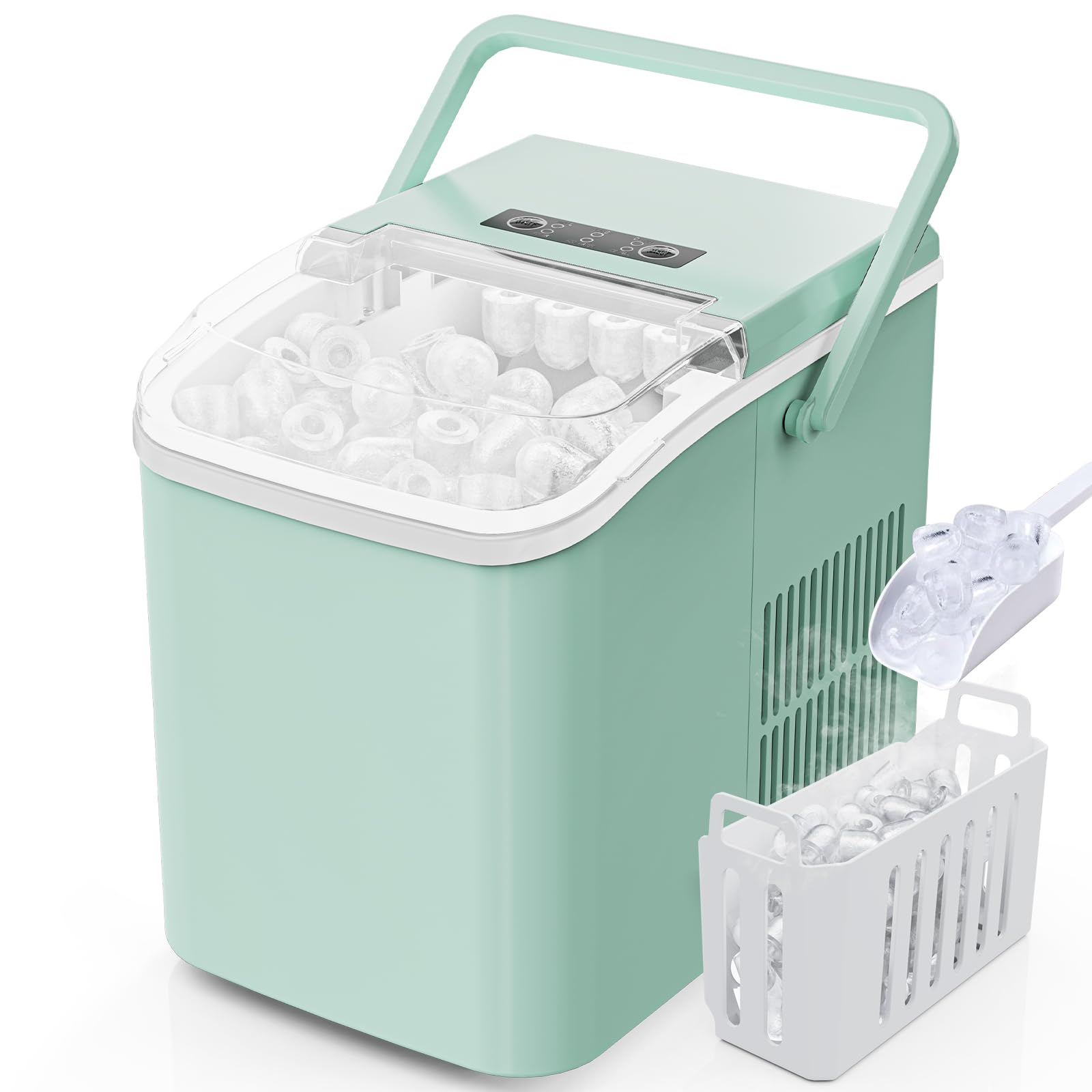 Sweetcrispy Countertop Ice Maker with Scoop, Basket and Handle, 9 Ice Cubes Machine Ready in 6 Mins, 26.5lbs in 24Hrs, 2 Sizes for Home Kitchen Office Bar Party,Green