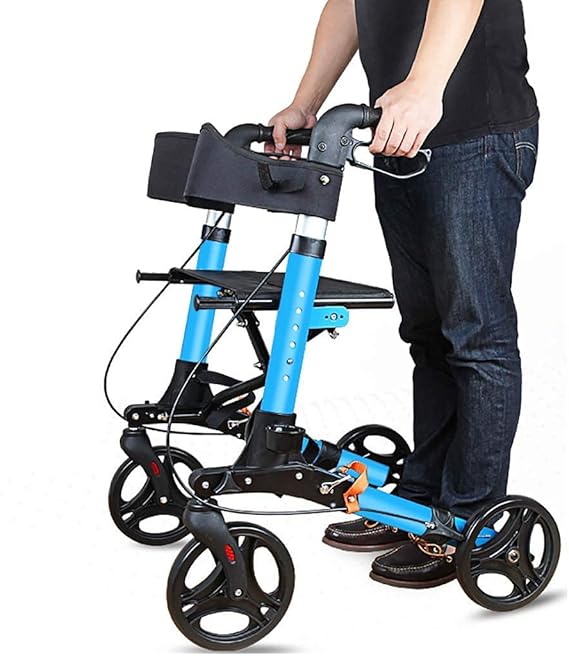 Folding Rollator Walker With Seat Transport Chair, Dual Safety Brake