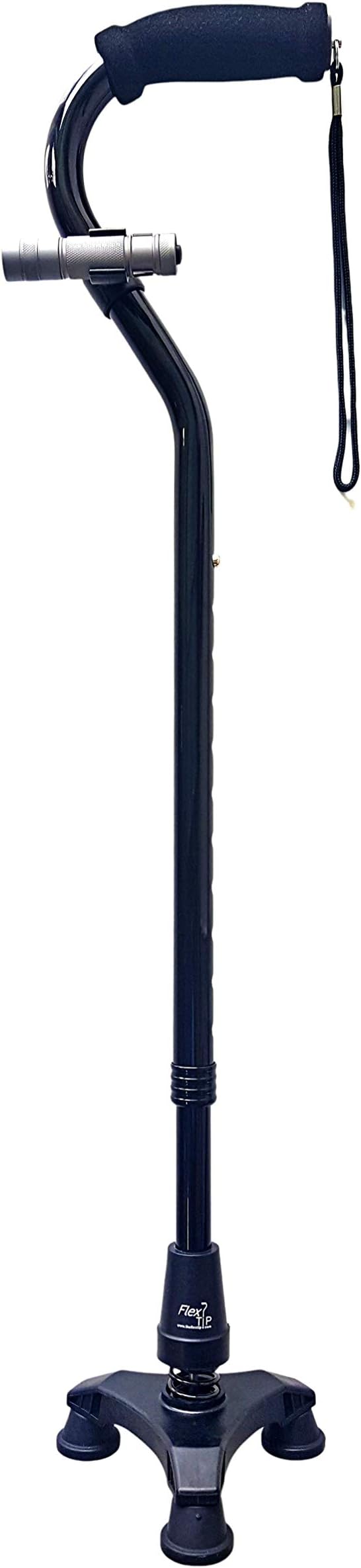 FlexTIP TLC Walking Cane (Black Solid) - Premium Cane with Clip-on LED Flashlight, Self-Standing – Triple Action Design: Absorbs Shock, Bends, Rotates - Soft Foam Handle, Lightweight, Adjustable