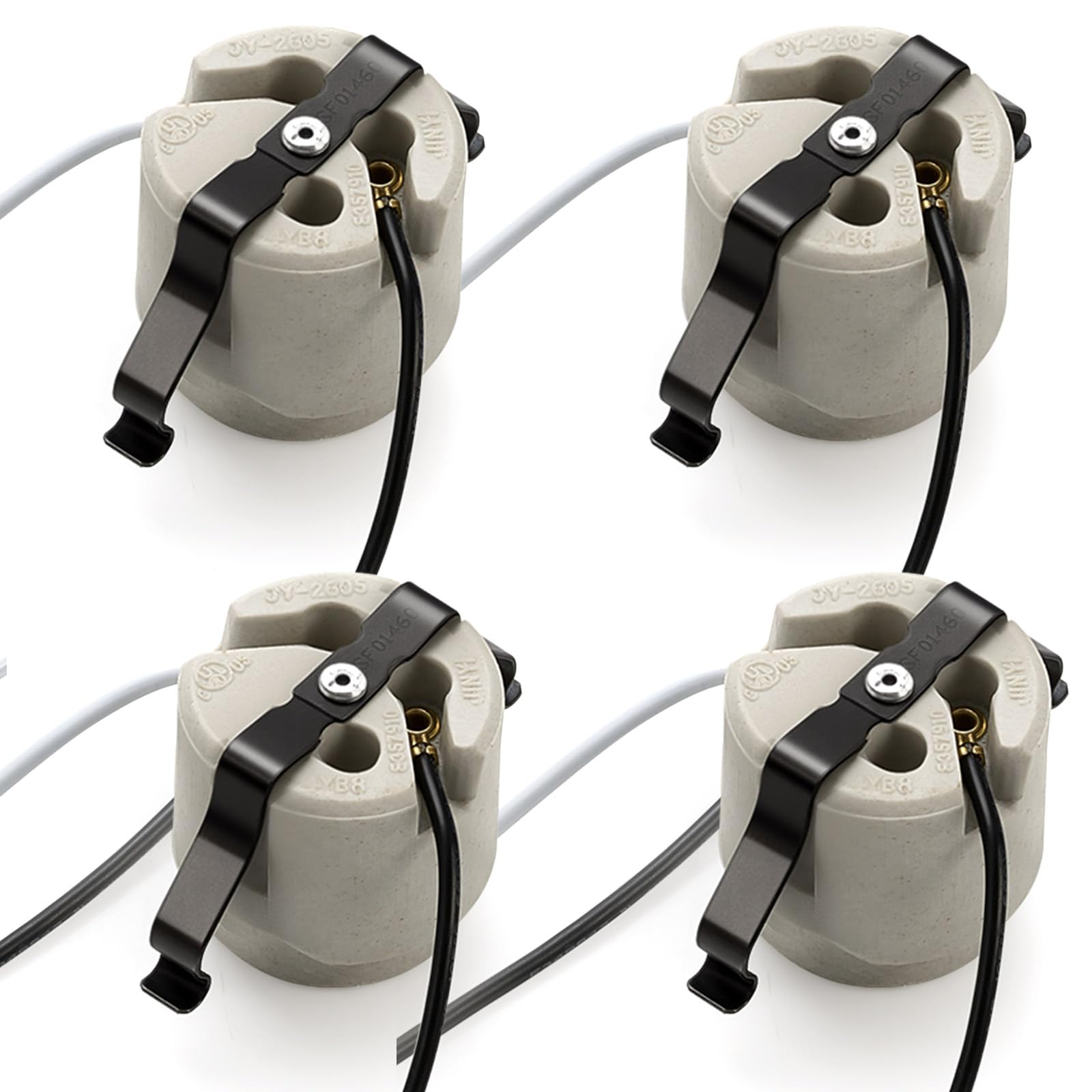 Photo 1 of Tellegloww 4 Pack U Clip Porcelain Socket, Medium Base E26 Snap in Keyless Ceramic Socket with 6" Black White Dual Wires, 660W 600V for Fixture Lighting