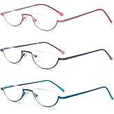 MMOWW 3 Pack Half Frame Reading Glasses for Women Men Slim Half Moon Lens Readers Semi Rimless Metal Frame Spring Hinges