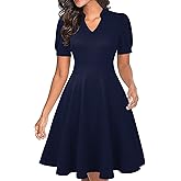 Mokayee Womens Summer Short Puff Sleeve Casual Semi-Formal Fit and Flare Church Wedding Guest Work Dresses with Pockets
