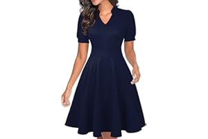 Mokayee Womens Summer Short Puff Sleeve Casual Semi-Formal Fit and Flare Church Wedding Guest Work Dresses with Pockets