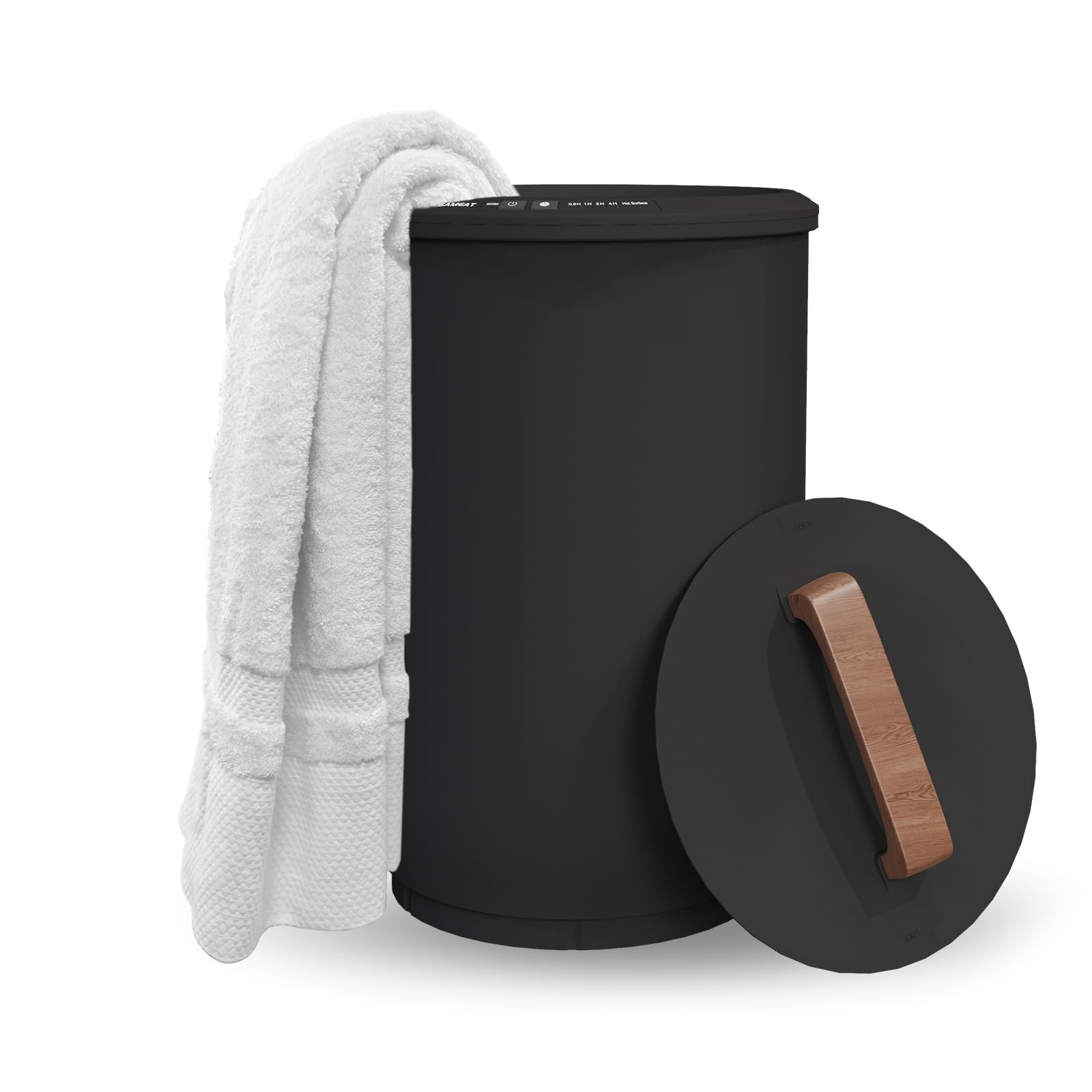 SAMEAT Heated Towel Warmers for Bathroom - Large Towel Warmer Bucket, Wood Handle, Auto Shut Off, Fits Up to Two 40"X70" Oversized Towels, Black