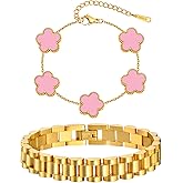 Stackable Gold Floral Bracelets Set , 2pcs 18K Gold Plated Bracelet Non-tarnish,Stainless Steel Link Chain Friendship Bracelet,Watch Band Trendy Jewelry,Christmas Valentines Birthday Gifts for Women