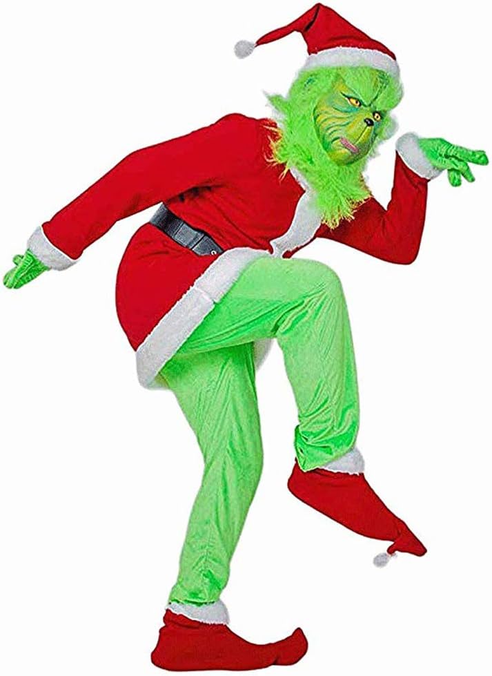 Christmas Adult Grinch Deluxe Santa Costume Funny Performance Props Green Monster Clothing Set - Large Size
