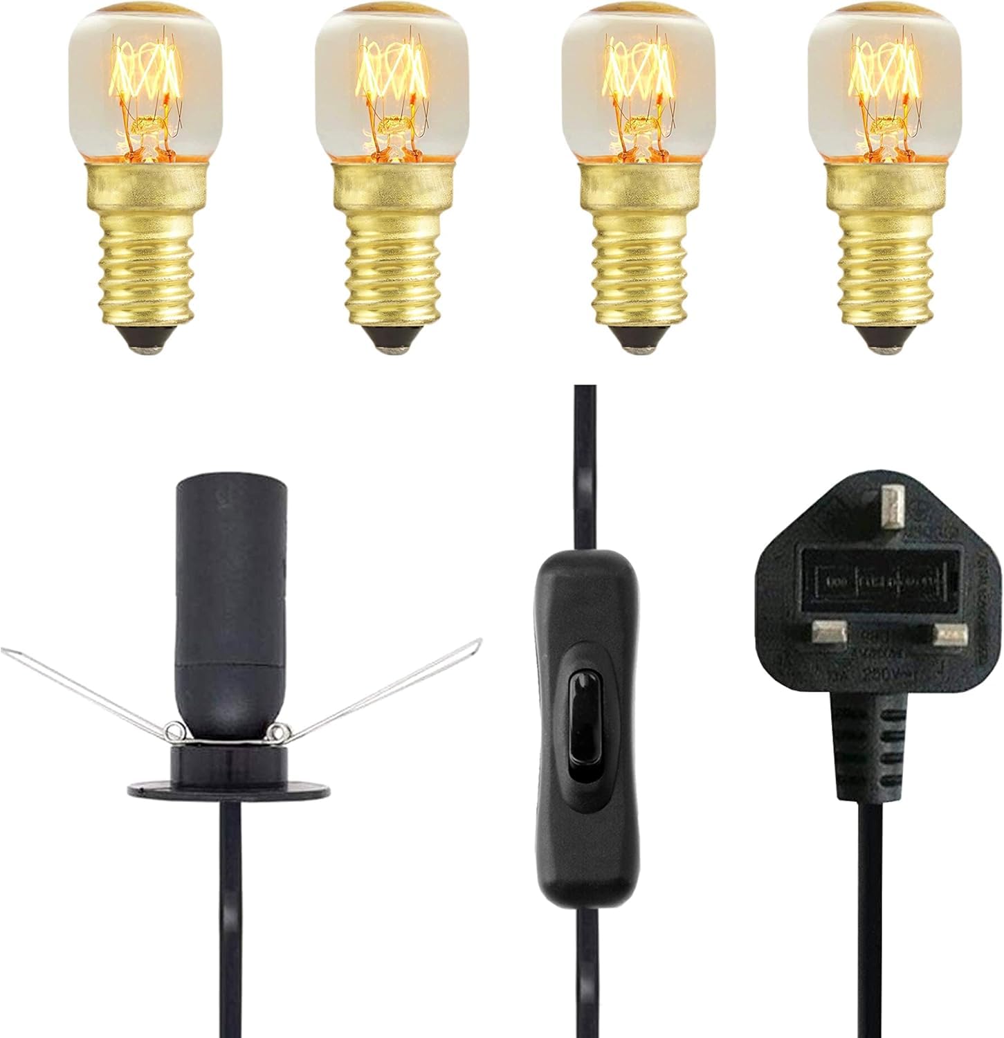 Salt Lamp Replacement Light Fitting with Button Switch + 4 Units of 15 Watt E14 Incandescent Oven Bulb. Black Power Cord Cable Comes with Certified E14 Bulb Holder, Button & British Standard Plug