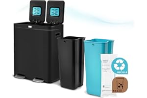 Home Zone Living 15.8 Gallon Kitchen Trash Can, Dual Removable Liners for Recycling and Trash, CleanAura Odor Control, Wide Stainless Steel Shape, Matte Black (7.9 + 7.9 for 15.8 Gallon Total)