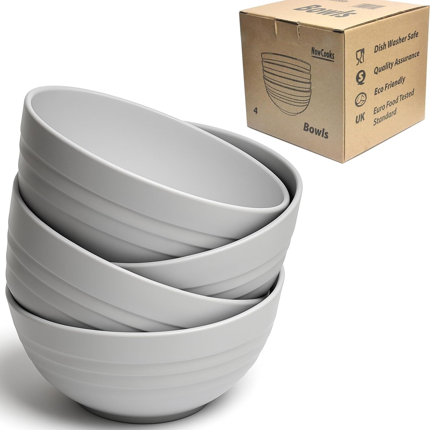 NowCooks Unbreakable Plastic Cereal Bowls – Set of 4 | EU Food Safe Certified, BPA-Free, Lightweight, Microwave & Dishwasher Safe | Ideal for Salad, Noodles, Snacks, Parties (Grey, Single)