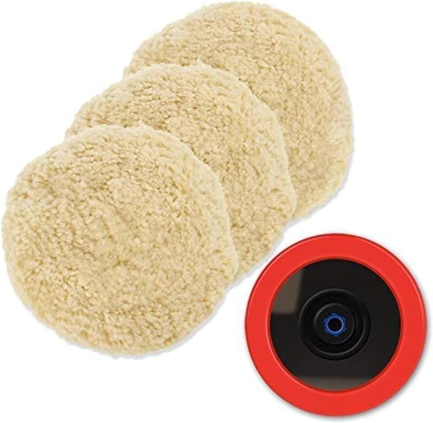 SPTA Wool Polishing Pads, 8"(200mm) 100% Natural Wool Buffing Pad with Hook & Loop Backing 4pcs Set Come with 5/8-11 Thread Backing Plate for Car Polishing, Buffing and Cutting Image
