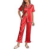 Ekouaer Silk Pajamas for Women Satin Short Sleeve Pajamas Set with Ruffle 2 Pieces Button Down Tops and Pants