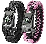 A2S Paracord Bracelet K2-Peak - Survival Gear Kit with Embedded Compass, Fire Starter, Emergency Knife & Whistle - Pack of 2 - Quick Release Design Hiking Gear (Black / Pink 8.5