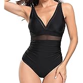 Forllori Women's V Neck One Piece Swimsuit Mesh Panel Tummy Control Ruched Slimming Bathing Suit Vintage