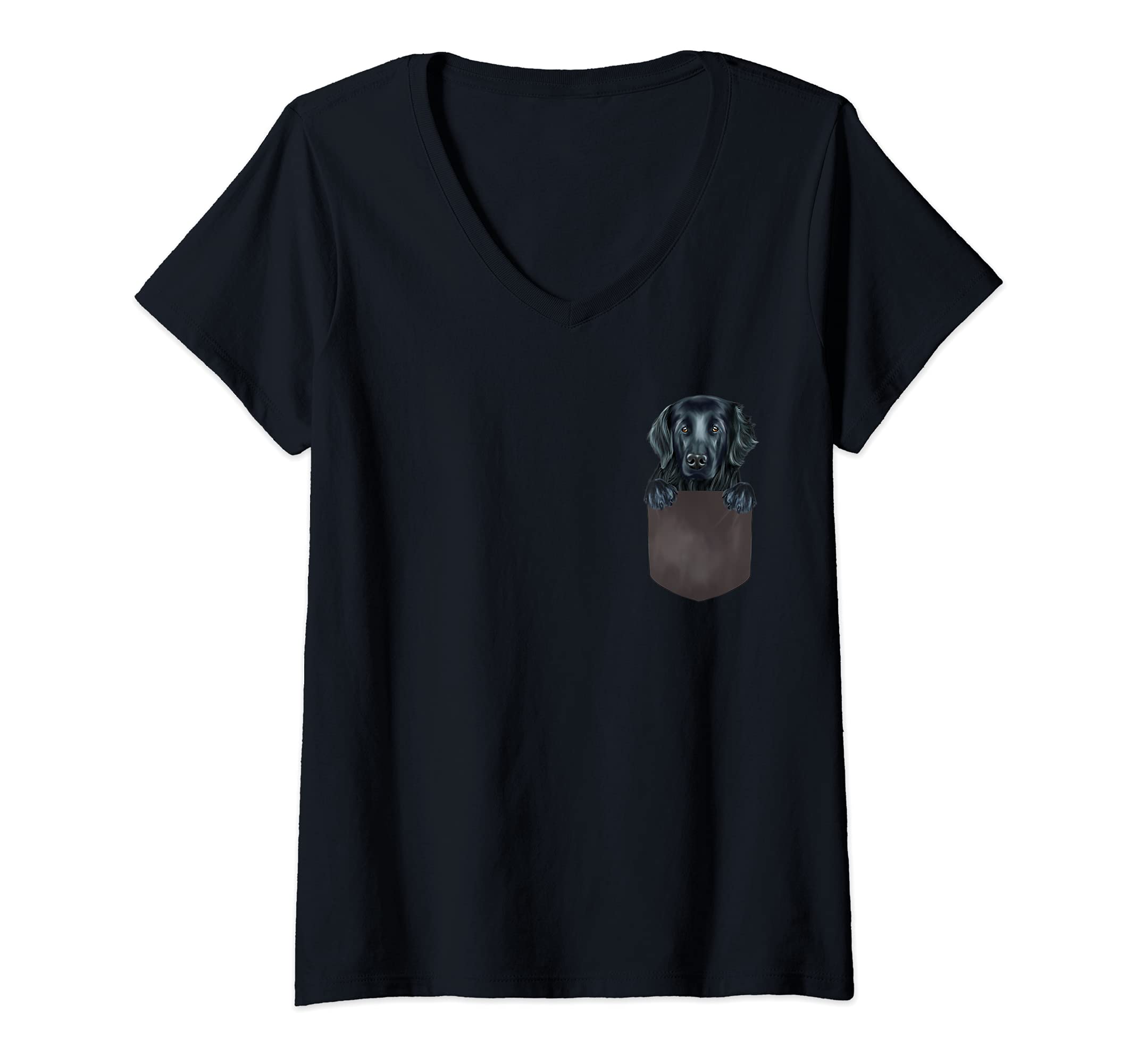 Womens Dog In Pocket Funny Dog Lover Flat-Coated Retriever V-Neck T-Shirt