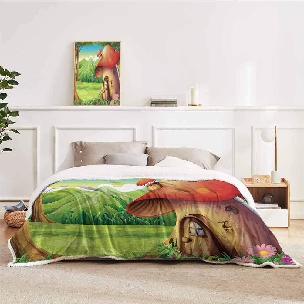YUAZHOQI Mushroom Plush Blanket Fleece Blanket Shroom House Land Mountain Daisies Weeds Surrounding Woods Mountain Gift for Best Friend Women Men Blanket 50" x 60" Scarlet Light Brown Green