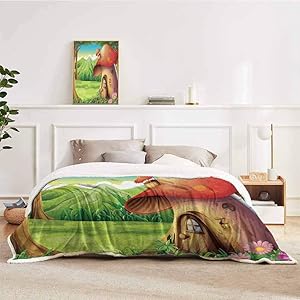 YUAZHOQI Mushroom Plush Blanket Fleece Blanket Shroom House Land Mountain Daisies Weeds Surrounding Woods Mountain Gift for Best Friend Women Men Blanket 50" x 60" Scarlet Light Brown Green