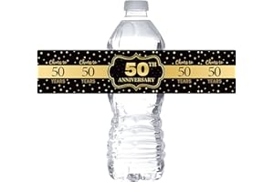 MONMON & CRAFT Black and Gold Happy 50th Anniversary Water Bottle Labels Stickers/Cheers to 50 Years Bottle Wrappers/Happy 50th Birthday Party Water Labels Supplies (Set of 32)