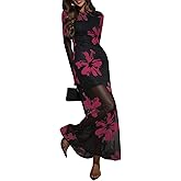 Verdusa Women's Floral Mesh Maxi Dresses Elegant Formal Long Sleeve Spring Wedding Guest Dress Cocktail