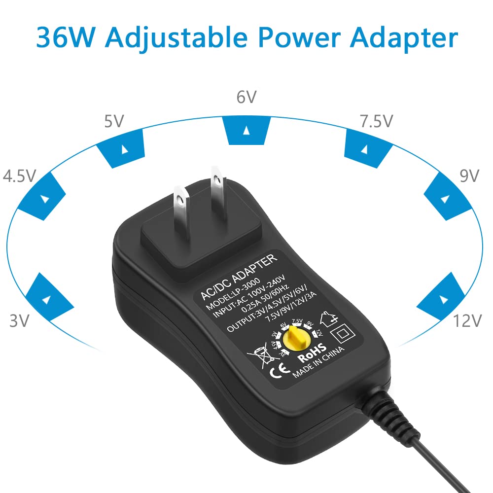 SHNITPWR AC Adapter 36W Universal Power Supply Adapter DC 3V ~ 12V Adjustable Power Converter 3V 4.5V 5V 6V 7.5V 9V 12V 500mA 1A 1.5A 2A 2.5A 3A with 14 Tips and Polarity Converter