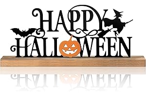 Realspring Happy Halloween Table Decor Farmhouse Tabletop Block Sign Rustic Tiered Tray Decor with Wooden Base Freestanding Metal Word Sign and Wooden Pumpkin Cutout for Home Table Shelf Office