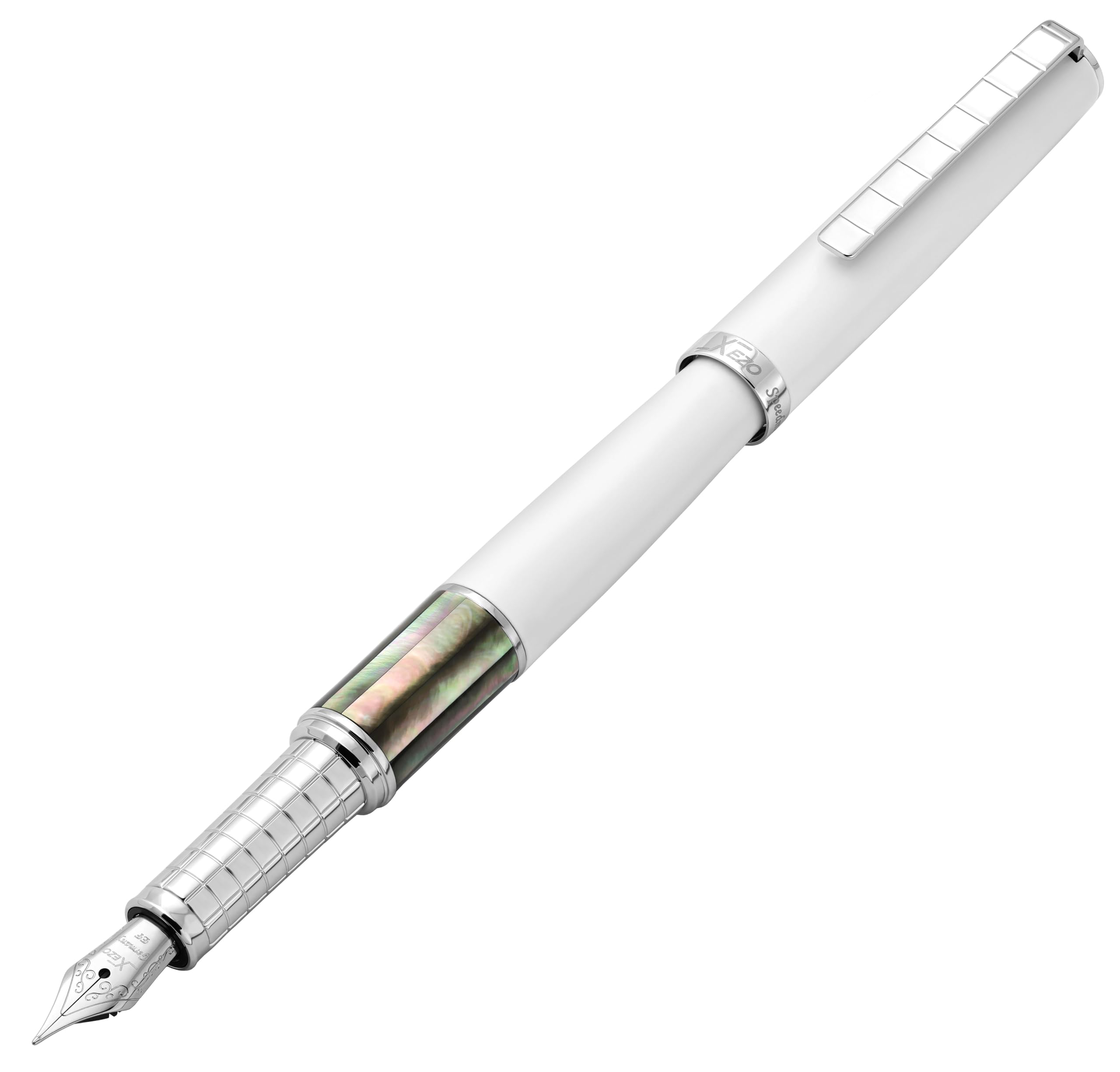 Xezo Speed Master Fountain Pen, Extra Fine Nib. Matte White with Tahitian Black Mother of Pearl. Chrome Plated. Lightweight Brass Body. No Two Alike