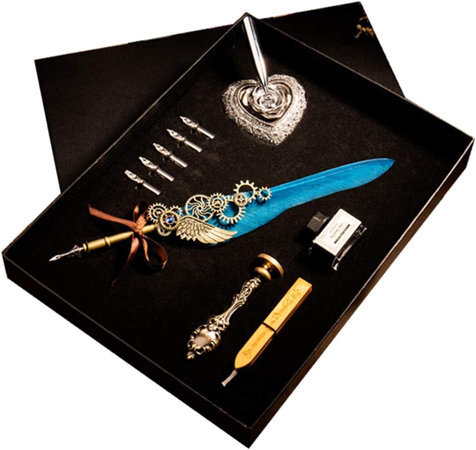 Doppelt Quill Pen Gift Set Antique Honorable Dip Feather Pen Steampunk Style Calligraphy Writing Luxury with 6 PCS Nibs Holder Ink Bottle Sealing Wax Seal Stamp