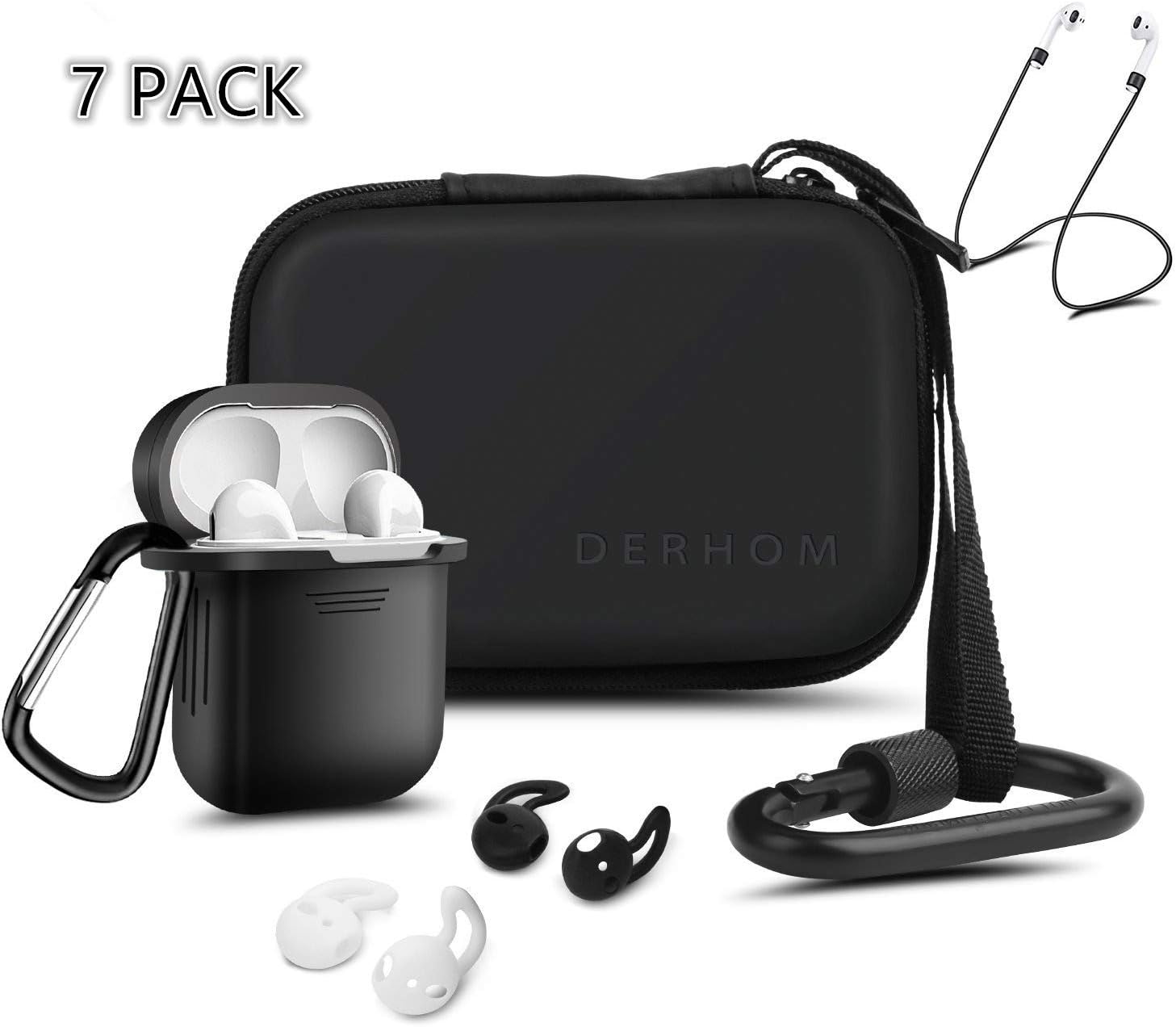 Airpods Accessories - Derhom Airpods Waterproof Silicone Hang Case Cover with Anti-lost Strap, Earhooks, Keychain, Headphone Accessories Storage Travel Bag for Apple Airpod 1&2 (Black)