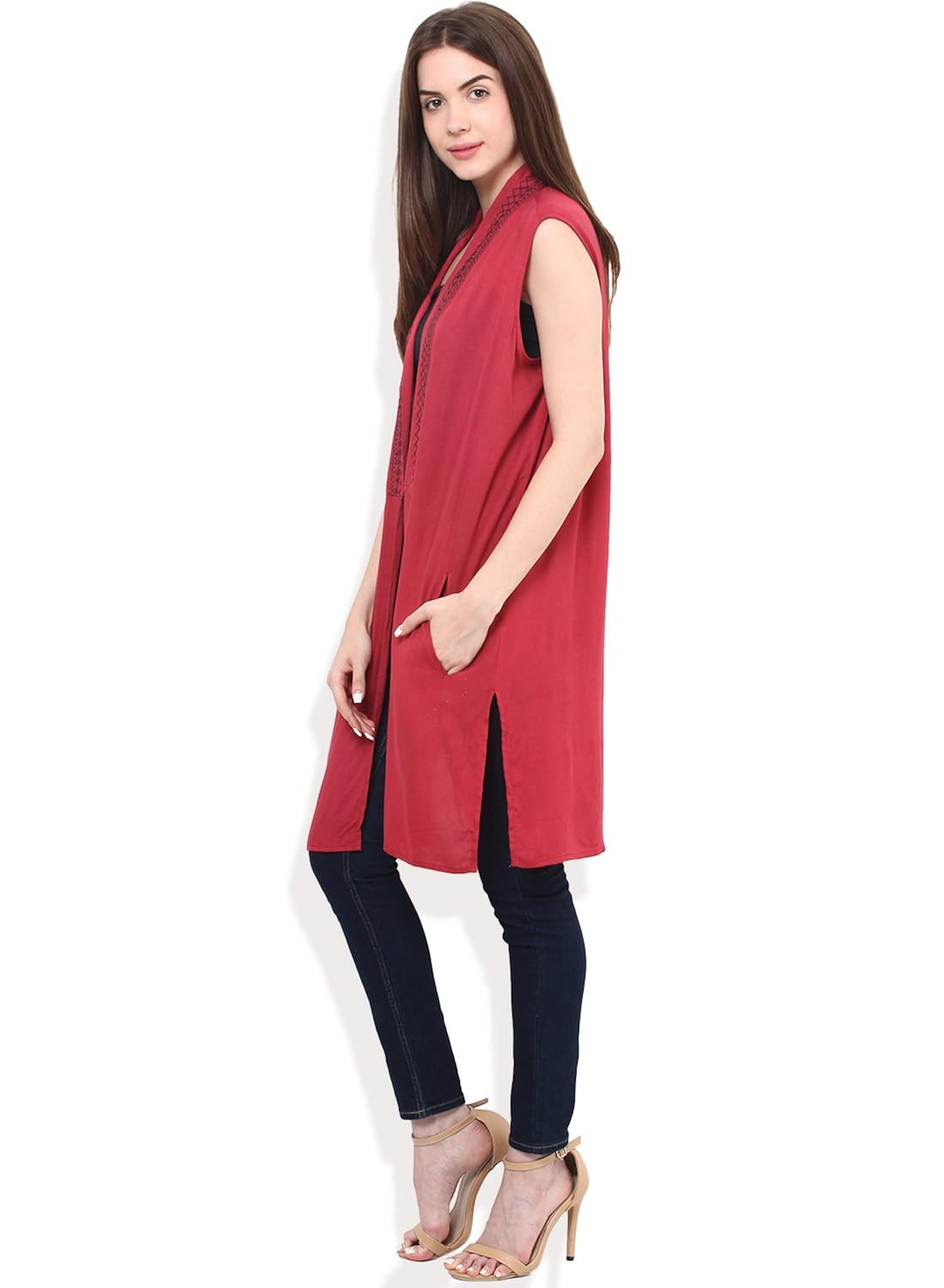 collar embroidered jacket with side pocket detail