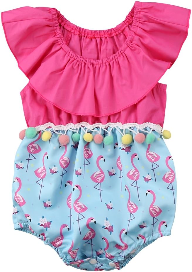 Infant Baby Girl Ruffle Sleeve Romper with Pompom Summer Flamingo Outfit