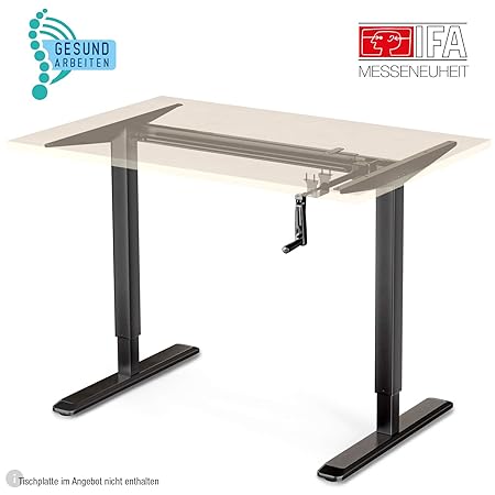 Deskfit Ergonomisch Höhenverstellbarer Schreibtisch, manuelles 2fach Teleskop Tischgestell DF100, Kurbel klappbar, stufenlos 