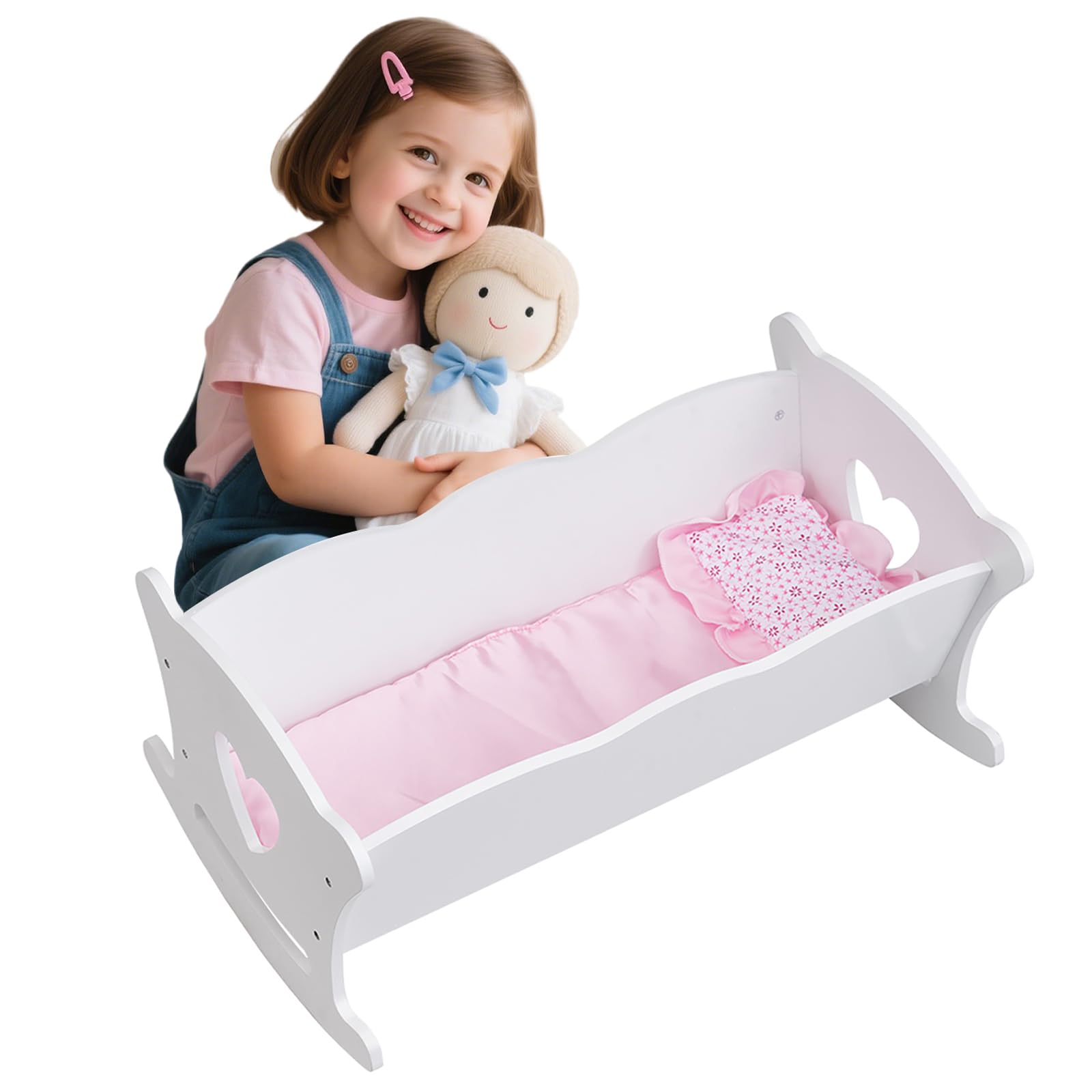 Doll Crib Rocking Cradle Wooden Dolls Cot for 20 Inch/51cm Dolls Bed with Mattress and Pillow - Doll Furniture Accessory - Toys Gifts for Kids Children Play Toy (White)