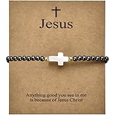 Christian Gifts Bracelet for Men Jesus Cross Bracelets Gift for Women Religious Baptism Beads Bracelets for Couple Friends Meaningful Easter Birthday Gifts Ideas Because of Jesus Bracelet Adjustable