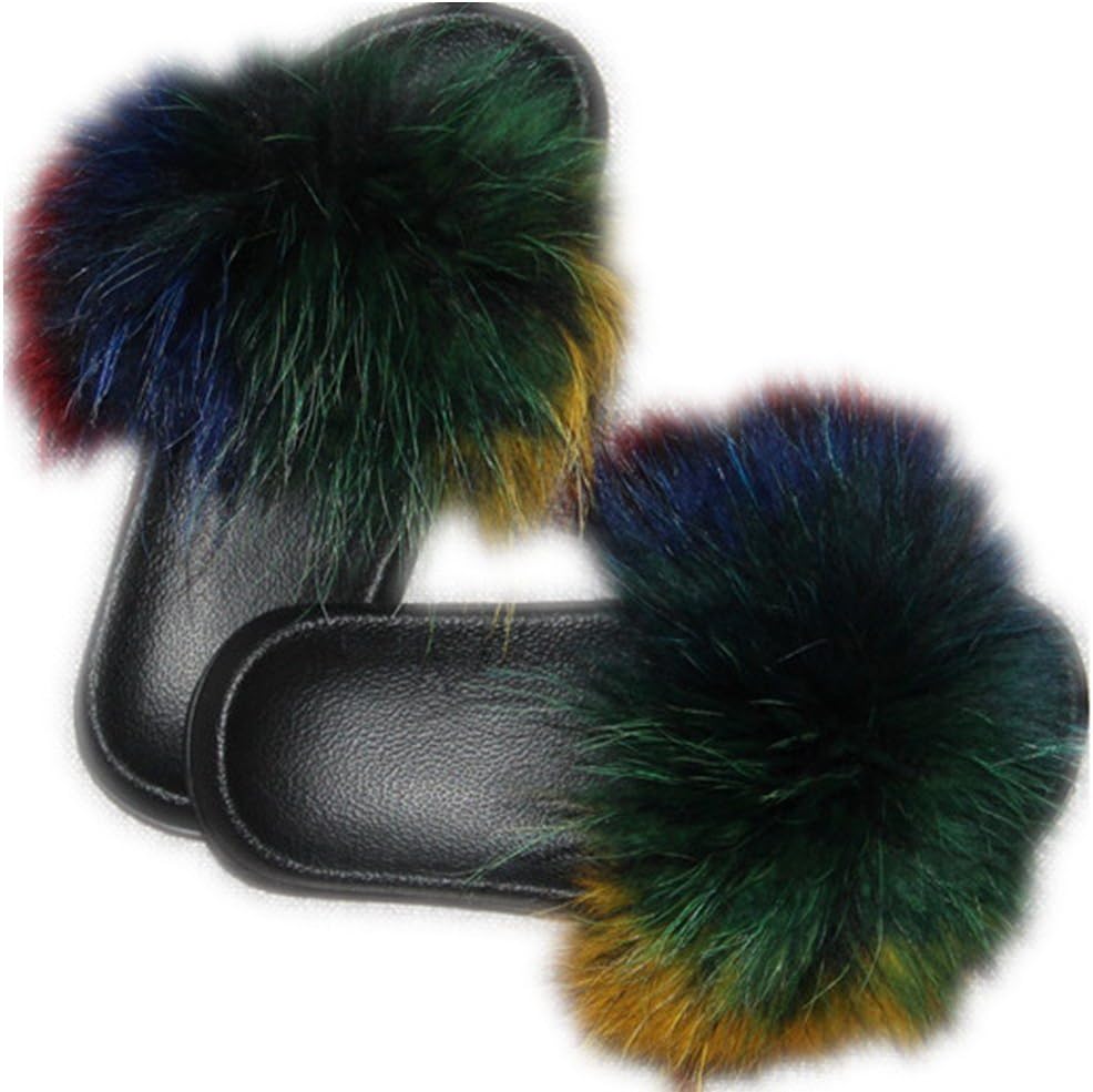 Women Real Fox Fur Feather Vegan Leather Open Toe Single Strap Slip On Sandals Multicolor