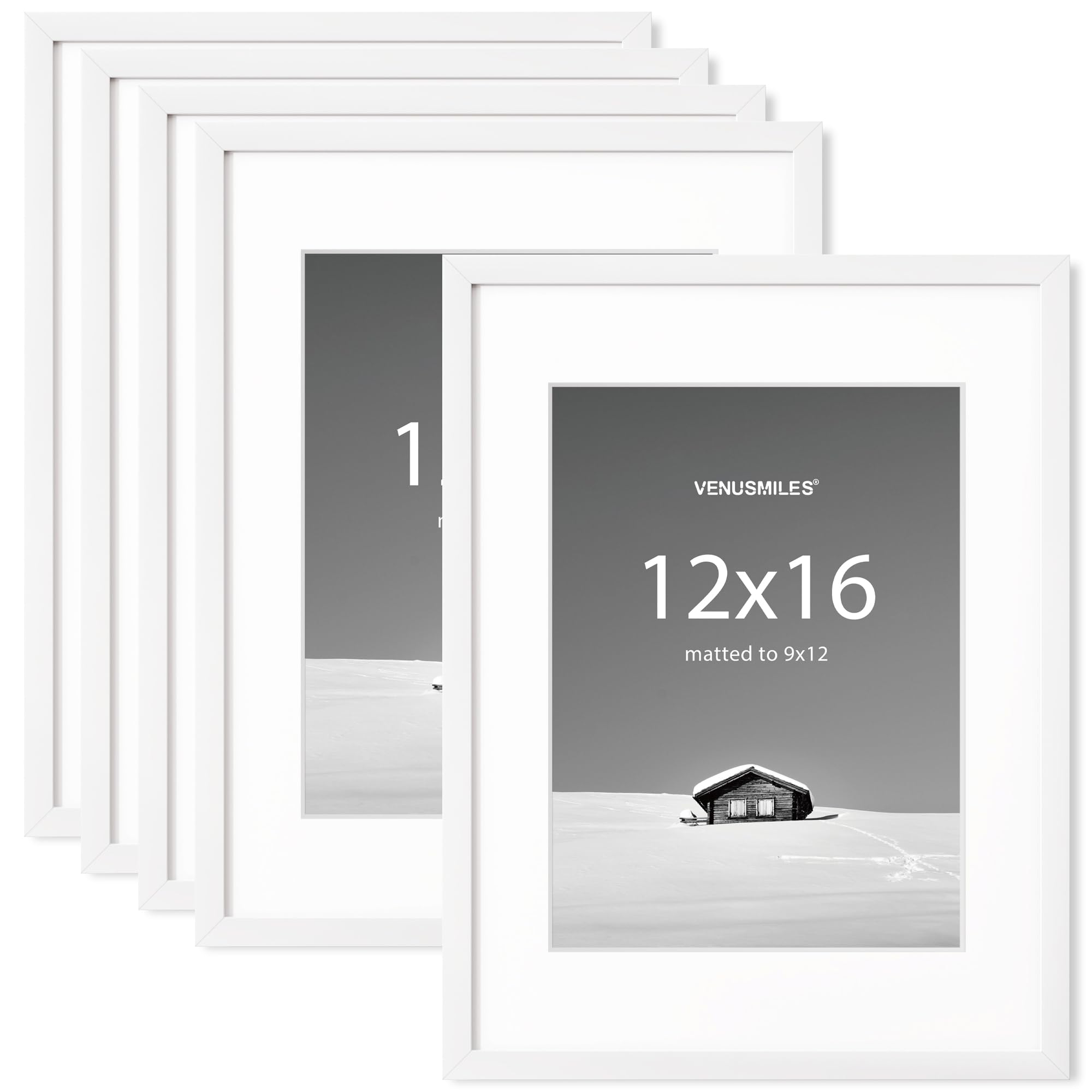 Venusmiles 12x16 inch Picture Frame, 12x16 Photo Frames with 8.5x11 Removable Mat - High Definition Plexiglass - Vertical and Horizontal Display - Wall Hanging Frame - White, 5 Pack Image